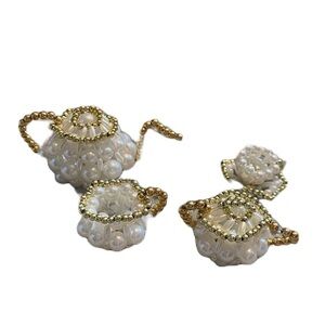 Vintage Handmade Tea Set Pearl Gold Bead Elf Size Miniature Mini